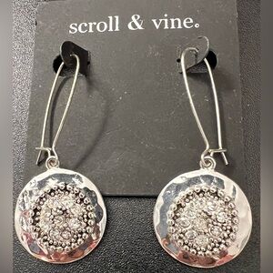 Scroll & Vine Hammered Disc Drop Earrings Silver Tone Rhinestone Accents NWT
